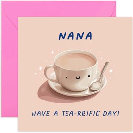 Old English Co. Funny Birthday Cards for Nana - 'Tea-rrific Day' Humorous Pun Birthday Card for Her - Cute Thank You Card for Women - Cup of Tea Well Done Card | Blank Inside with Envelope