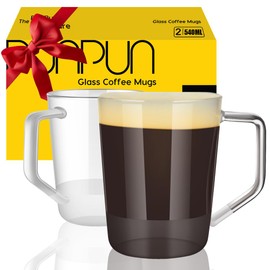 PunPun Clear 18.4oz.540ml Glass Coffee Mugs Set of 2, Glass Mugs with Big Handle, Large Wide Mouth Glass Mugs, Clear Coffee Mugs for Cappuccinos, Latte and Juice, Heatable Glass Cups