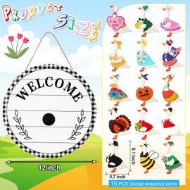 Memorywuu 16 Pcs Interchangeable Goose Welcome Sign 12 Inch Holiday Seasonal Wooden Sign with Wooden Holiday Magnet Goose Pieces for Front Door Porch Wall Decor