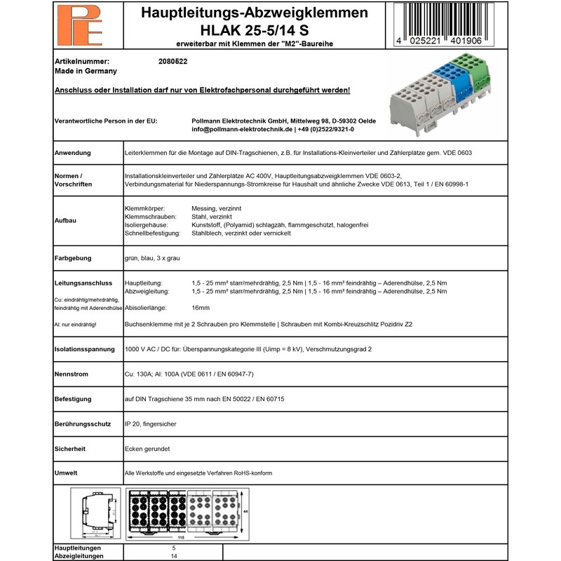 Pollmann Main Cable Junction Terminal HLAK 25-5/14 S, Pack of