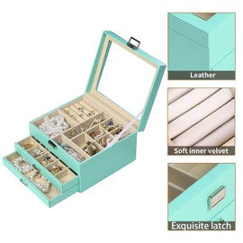 BOOVO Clear Lid Jewelry Box,3 Layers Jewelry Organizer Large Multi-Functional Jewelry Storage Box with 2 Drawers,Jewelry Display Case of Rings Earrings Necklace Bracelets for Women Girls (Turquoise)