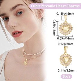 Beebeecraft 1 Box 6Pcs Heart Charms Cubic Zirconia Round with Gold Heart Pendant Charms European Star Dangle Beads for DIY Necklace Bracelet Earring Jewelry Making