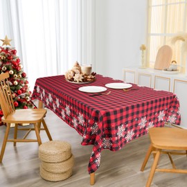 DriftAway Decorative Table Cloth Christmas Table Cloth Rectangle Red Buffalo Plaid with Snowflake Dining Table Cover for 8 Foot Rectangle Tables Thanksgiving Christmas tablecloths 54 x 102 Inch