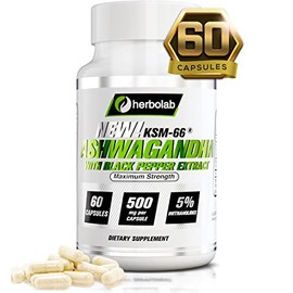 herbolab Ashwagandha KSM 66 15:1 with Black Pepper Extract (Higher Absorption) Max Potency Full Spectrum 5+% Withanolides