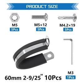 JTAREA 2-9/25 Inch 304 Stainless Steel Cable Clamps 2-9/25" Cable Clamp Rubber Coated Wire Clip Pipe Clamp with Screws