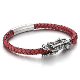 COOLSTEELANDBEYOND Vintage Stainless Steel Dragon Head Braided Red Leather Bangle Bracelet Wristband, Mens(CA)