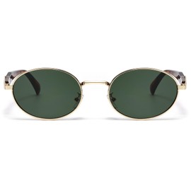 Long Keeper Vintage Oval Sunglasses Metal Small Retro Sunglasses Round 90s Fashionable Oval Glasses UV400 Protection Classic Sunglasses for Men and Women, Gold Leopard Frame - Dark Green Lenses