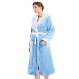 Inner Wish Women Hooded Plush Robe, Fleece Cozy Warm Bathrobe,SKY BLUE+WHITE,S/M