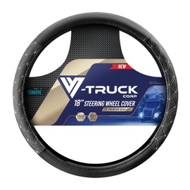 V-TRUCK CORP Steering Wheel Cover 18 inch Size Faux Leather Semi Truck, BLACK WITH GREY STITCHING