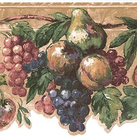 CONCORD WALLCOVERINGS ™ Elegant Fruit Tree Wallpaper Border Featuring Grapes Apples Pears Peach, Colors Green Purple Beige Yellow, Size 7 Inches by 15 Feet DES19504