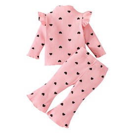 Kunyeah Baby Girl Clothes Bell Bottoms Outfit Infant Ribbed Knit Long Sleeve Top Heart Print Pant Newborn Autumn Winter Outfit, pink