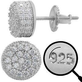 Real Solid 925 Sterling Silver - Men's Earrings - Iced CZ 1/3" Round Earrings Screw Backs - Hip Hop Flooded Out Studs Aretes