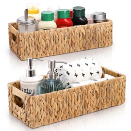 Eorbow 2 Pack Wicker Storage Baskets, Water Hyacinth Holder for Toilet Paper, Rectangular Natural Bins with Built-in Handles, Handwoven Organizer for Bathroom Kitchen Pantry Tank Top, 2 Sizes