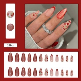 24 Pcs Glossy Acrylic Press on Nails Medium Almond Cat Eye False Nails with Cherry Design, Holiday Reusable Stick on Nails for Women's Daily Wear, French Fake Nails with Nail Glue in 12 Sizes