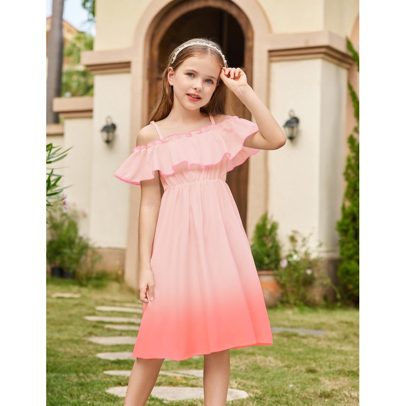 Arshiner Girls Summer Floral Ruffle Sundress Cold Shoulder Casual Holiday