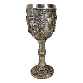 Ebros Gift Native American Indian Tribal Chief Skull With Roach Headdress And Crossed Double Axes Wine Goblet Glass Chalice Drinkware Ossuary Macabre Accent In Faux Bronze Finish