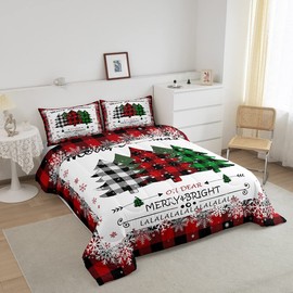 Manfei Xmas Tree Comforter Set Full Size, Merry Christmas Quilt Set with 2 Pillowcases, New Year Theme Plaid Print Bedding Set 3pcs for Kids Boys Girls Bedroom Decor