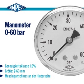 EMPEO by Messbo Pressure Gauge, NG 63 0-60 bar, 63 mm Diameter, G1/4 Inch Connection at the Rear, Tube Spring Manometer, Steel Housing