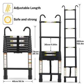 Telescopic Ladder, 8.5FT RIKADE Aluminum Telescoping Ladder with Non-Slip Feet and Stable Hook, Portable Extension Ladder for Household and Outdoor Working, 330lb Capacity Black