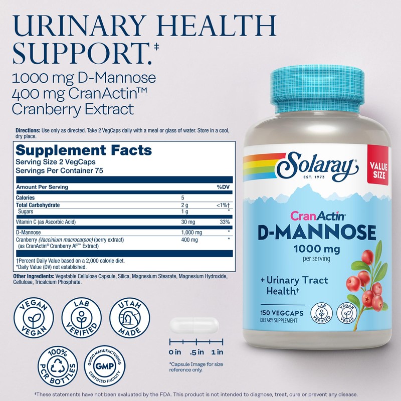 Solaray D-Mannose 1000mg with CranActin Cranberry Supplement 400mg, Urinary Tract