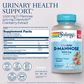 Solaray D-Mannose 1000mg with CranActin Cranberry Supplement 400mg, Urinary Tract Health & Bladder Support Capsules with Vitamin C, Vegan, 60 Day Guarantee, 75 Servings, 150 VegCaps