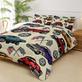 lneffble Race Car Comforter Set - Vintage Cars Themed Bedding for Boys, American Flag Comforter, Full Size