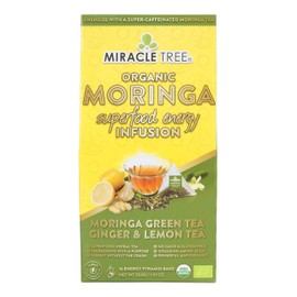 Miracle Tree's Moringa Energy Tea - Green Tea with Ginger & Lemon | Super Caffeinated Blend | Healthy Coffee Alternative, Perfect for Focus | Organic Certified & Non-GMO | 16 Pyramid Sachets