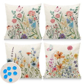 Cirzone Outdoor Pillow Covers Waterproof，18x18 Set of 4 Spring Floral Butterfly Print Outdoor Throw Pillows,Decorative Outdoor Cushion Covers for Funiture Patio Garden Home