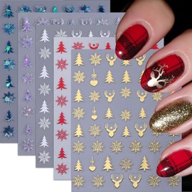 5Sheets Christmas Nail Art Stickers 3D Christmas Tree Elk Nail Decals Gold White Red Blue Laser Silver Xmas Tree Nail Design Holographic Glitter Snowflake Christmas Nail Decor Supplies for Women Girls