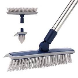 2 in 1 Floor Scrub Brush Grout Brush with 57.8" Long Handle,120°Rotatable Shower Tile Grout Scrubber,V-Shaped Corner Brush for Hard to Reach Areas (Grey)