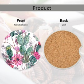 Succulent Cactus and Flowers Car Coasters,Ceramic Absorbent Cup Holders with Finger Notch & Cork Base Car Assecories for Women/Men 2.6"(2 Pieces)