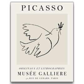 Picasso Inspired Dove of Peace Drawing Exhibition Poster Print | 11x14 UNFRAMED | Beige, Tan, Black Neutral Abstract, Minimalist Modern Wall Decor