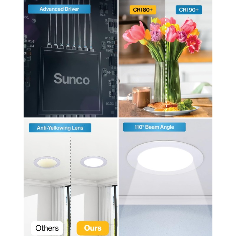 Sunco 6 Pack Recessed Lighting 6 Inch LED, Canless Ceiling