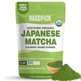 HANDPICK Té Verde Matcha Orgánico Japonés En Polvo (100 Porciones) - Auténtica Cosecha De Segunda Flecha Premium  Bolsa Ziplock Resellable