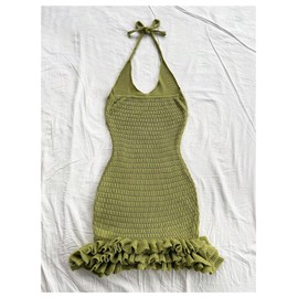 GORGLITTER Women's Crochet Halter Bubble Mini Dress Bow Backless Summer Bodycon Knit Dress Vacation Festival Outfits Green Medium