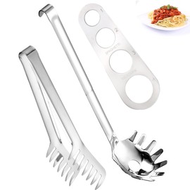 Tomuvpzn Stainless Steel Pasta Spoon, Set of 3 Spaghetti Spoons, Spaghetti Scoop and Pasta Tongs Server Set, Serving Fork with Teeth, Spaghetti Tongs, Suitable for Baking and Cooking Pasta