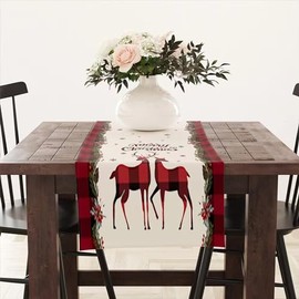 BushWalk Christmas Decorative Table Runner Red Black Buffalo Plaid and Christmas Elk Linen Seasonal Xmas Kitchen Dining Table Decoration for Holiday Home Decor (13 X 71 Inch)