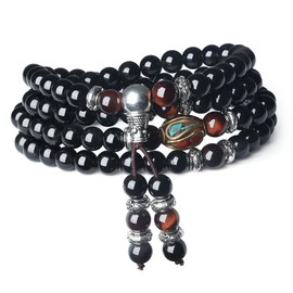 COAI 108 Mala Obsidian Wrap Bracelet, Obsidian, Tiger's Eye