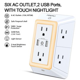 POWRUI USB Wall Charger, Surge Protector, POWRUI 6-Outlet Extender with 2 USB Charging Ports (2.4A Total) and Night Light, 3-Sided Power Strip with Adapter Spaced Outlets - White，ETL Listed