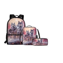 Tiasarato Large School Backpack Shoulder Bag for Boys Kids 3PCS Bookbag Set with Sunset Snow Wolves Print Lunch Kit Bag Pencil Bag for Girls Primary Students Middle Teenagers
