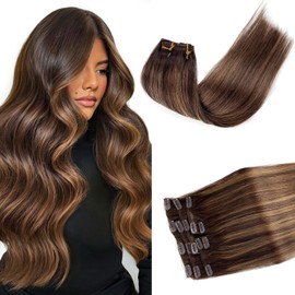 Clip in Hair Extensions Real Human Hair, Ombre Brown Balayage Ash Brown Highlights Hair Extension Real Human Hair Clip ins 14 Inch Double Weft Hair Extensions Human Hair Clip in Extensions 7pcs 70G