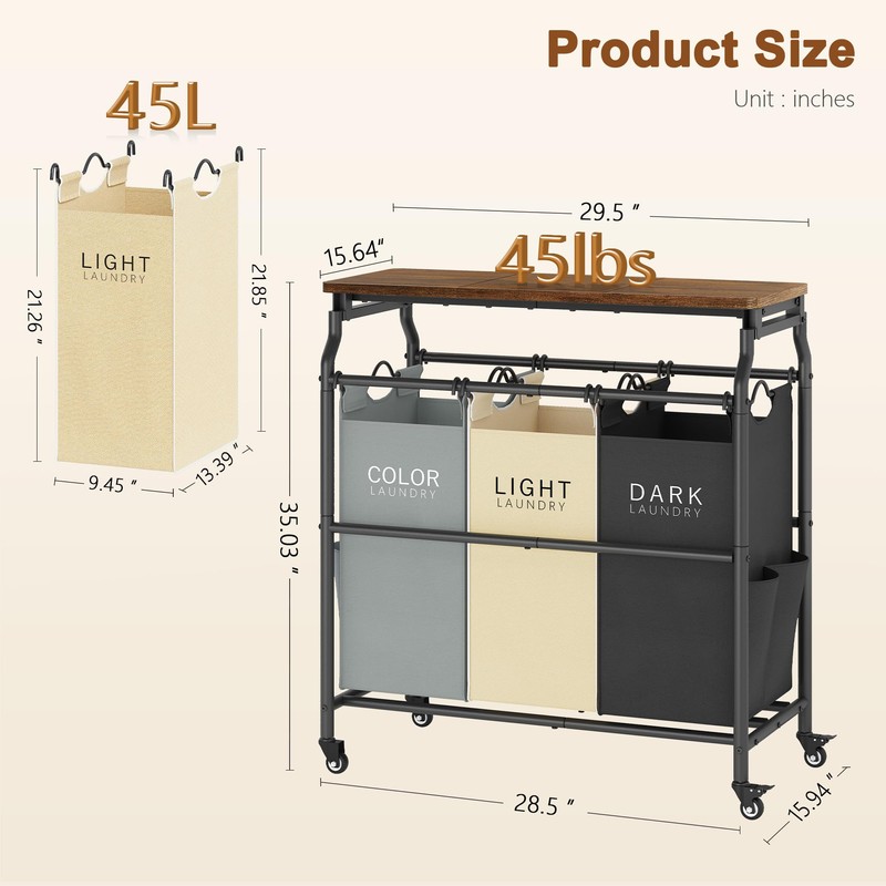 Hoctieon 3 Section Laundry Sorter Cart with Ironing Board, Laundry