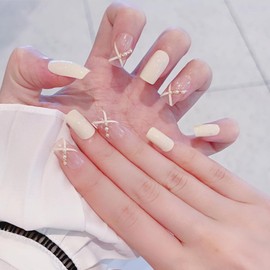 CATKIN Press On Nail Fasle Nail with design 24pcs Full Cover Reusable Acrylic Nails Artificial Nails for Women girls Medium Square Decoration Fake Nails White French 07