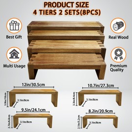 GYSYELL 8Pcs Wood Risers Display Stands 2 Set, 4 Tier Rectangular Spice Rack for Food, Desserts, Cup Cake Stand, Large Tiered Shelf Organizer for Perfume, Makeup, Dolls, Collectibles