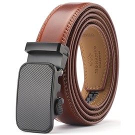 Marino Men’s Genuine Leather Ratchet Dress Belt With Automatic Buckle, Trim to Fit Enclosed in an Elegant Gift Box - Indented - Burnt Umber - Adjustable from 28" to 44" Waist