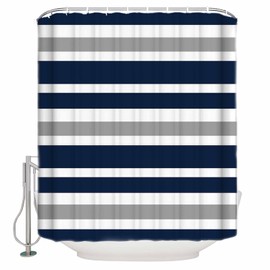 Striped Shower Curtain Navy Blue and Gray, Blue and White Striped Shower Curtain with Hooks for Bathroom Waterproof Bath Curtains for Home Hotel, 60" W x 72" L