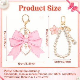 Neptniopllab 2PCS Bow Keychain Pink Flower+ Bow Heart Pearl Keychain Ruffle Silk Bow Keychain Pearl Bowknot Wristlet Keyring for Women,Purse Charms, Pink Bow+flower, 2Pcs