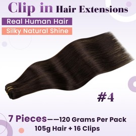 LaaVoo Clip-In Real Hair Extensions, Brown Hair Clip-In Extensions, Dark Brown, Remy Brown, Double Wefts, 40 cm, 7 Pieces, 105 g, #4