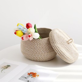OHPHCALL Cotton Rope Basket with Lid Decorative Woven Storage Basket for Organizing Toys Toiletries and More Stylish Home
