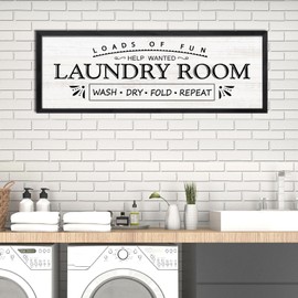 Wash Dry Fold Repeat Wooden Sign Framed Wall Art, Rustic Horizontal Motivational Laundry Room Quote Wood Plaque above the Bathtub, 32''×12'' Farmhouse Long Shower Room Saying Wood Sign Wall Decor